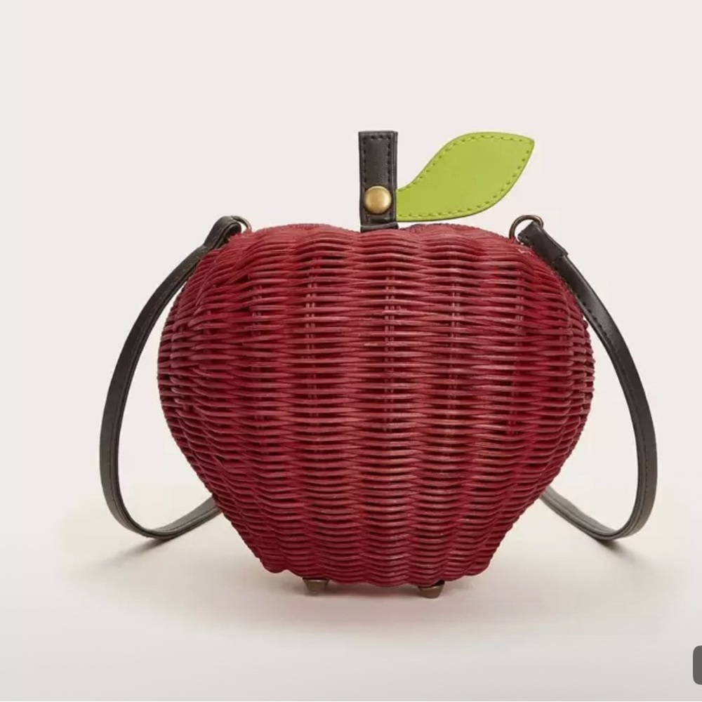 SHEIN Whimsical Red Wicker Apple-Shaped Crossbody Bag w/ Leaf Detail NWT